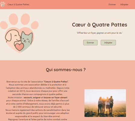 Capture d'écran de l'interface de gestion d'animaux Coeur à Quatre Pattes